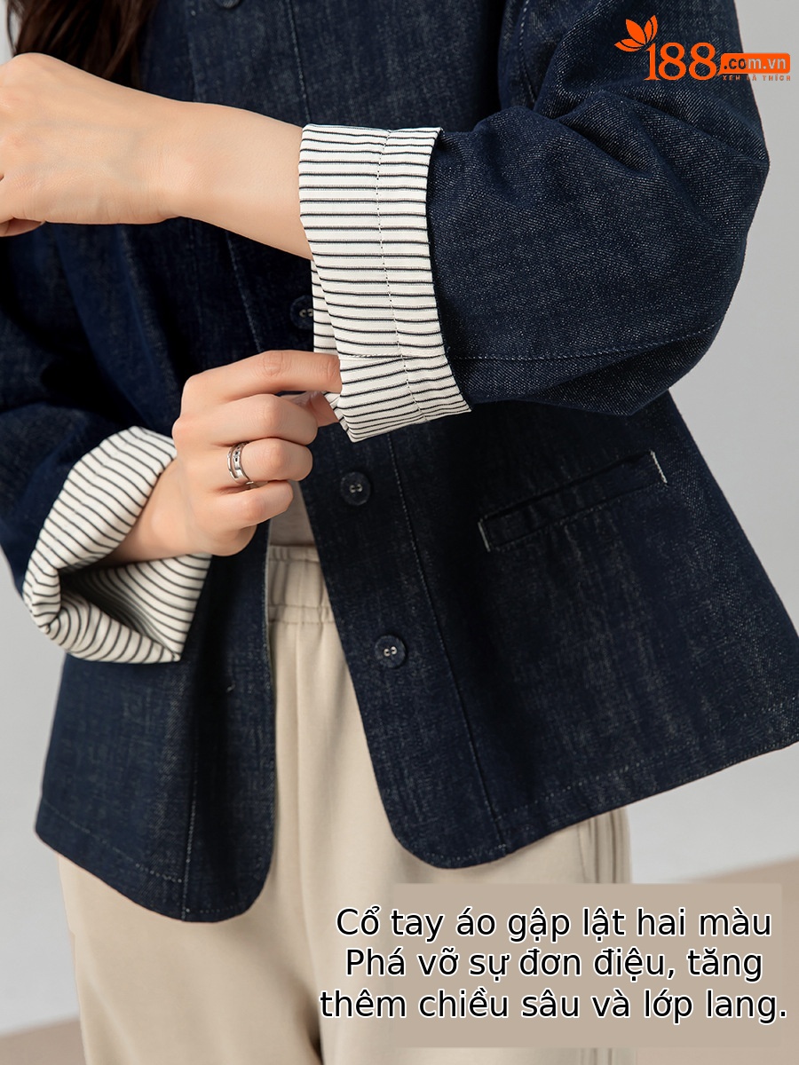 Áo khoác denim sọc hai mặt kiểu Chanel dáng rộng cho nữ — màu xanh