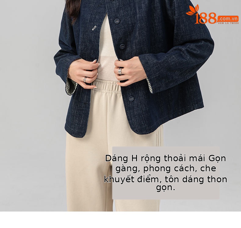 Áo khoác denim sọc hai mặt kiểu Chanel dáng rộng cho nữ — màu xanh chi tiết 11