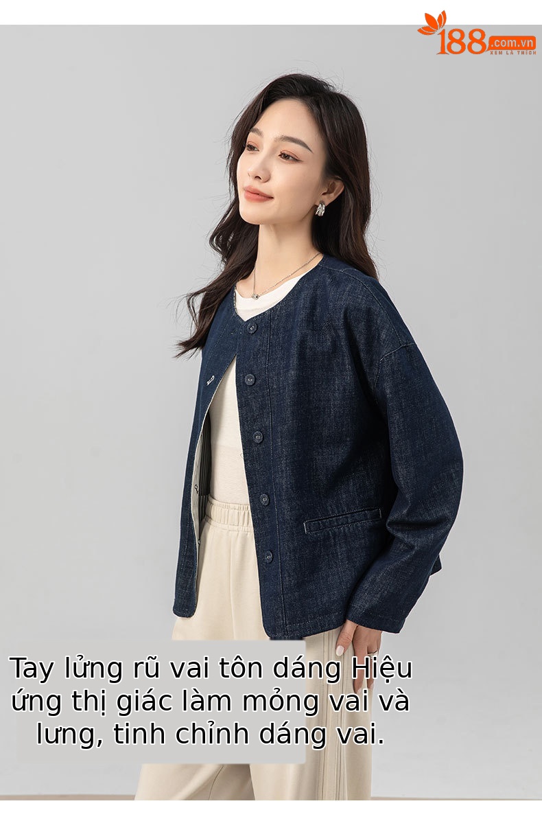Áo khoác denim sọc hai mặt kiểu Chanel dáng rộng cho nữ — màu xanh chi tiết 12