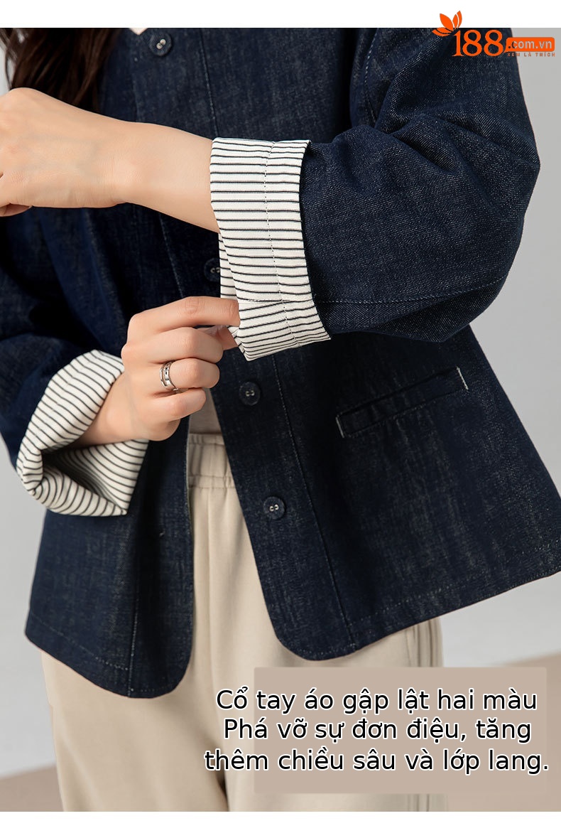 Áo khoác denim sọc hai mặt kiểu Chanel dáng rộng cho nữ — màu xanh chi tiết 14
