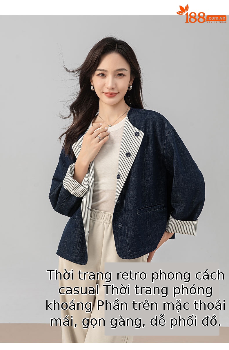 Áo khoác denim sọc hai mặt kiểu Chanel dáng rộng cho nữ — màu xanh chi tiết 15