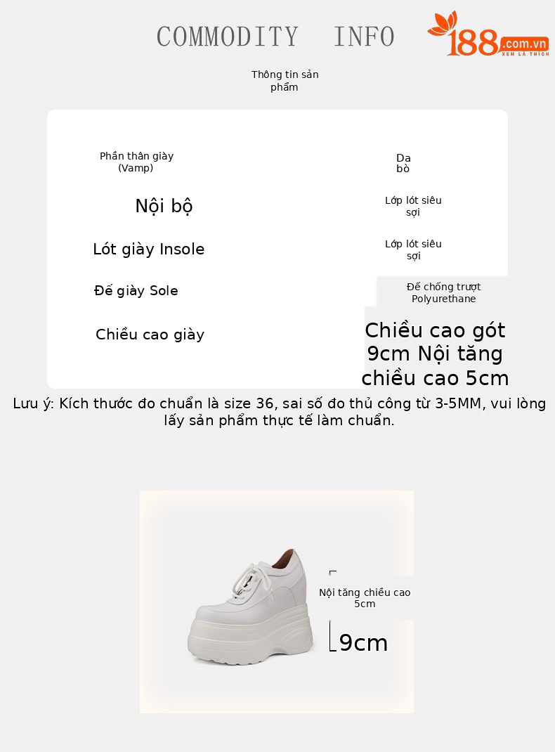 Giày sneaker nữ chunky đế dày da bò tăng chiều cao phong cách thể thao — Màu đen, Màu trắng chi tiết 3