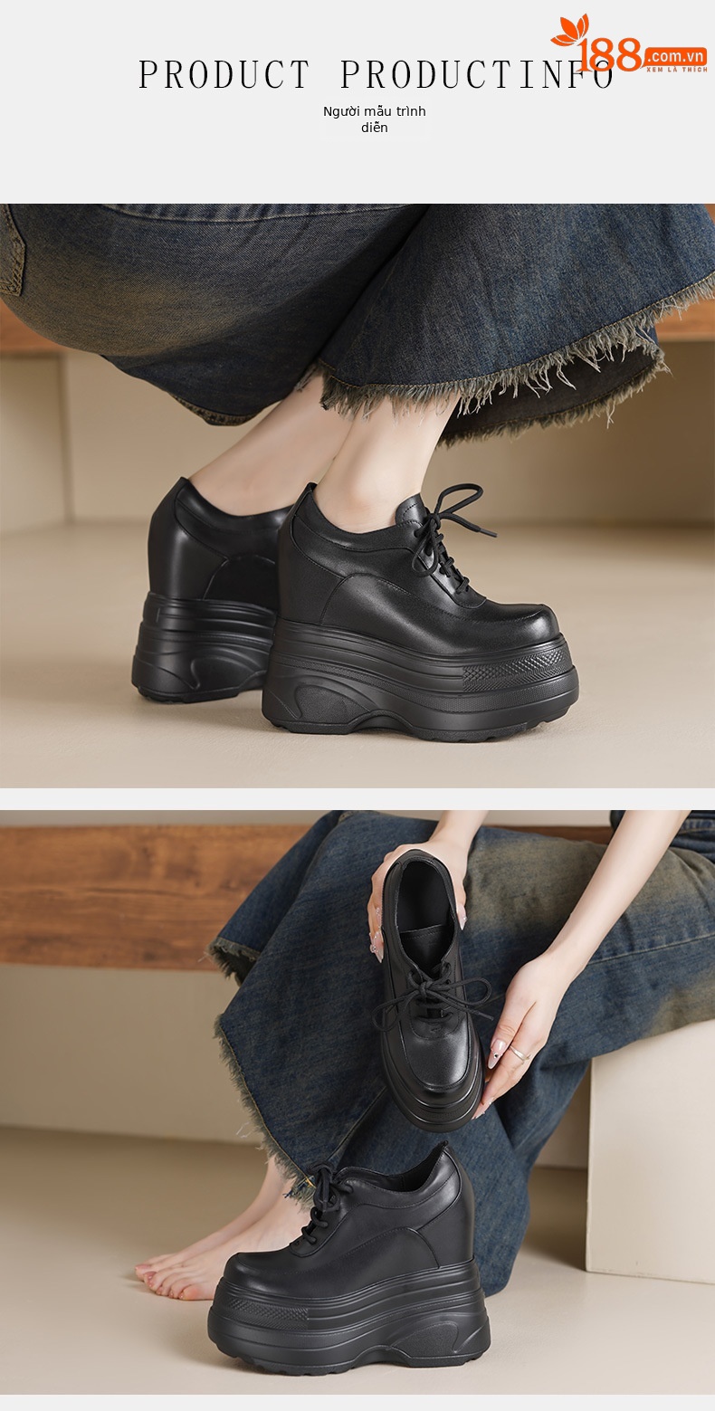 Giày sneaker nữ chunky đế dày da bò tăng chiều cao phong cách thể thao — Màu đen, Màu trắng chi tiết 4