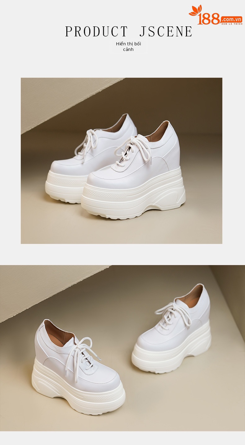 Giày sneaker nữ chunky đế dày da bò tăng chiều cao phong cách thể thao — Màu đen, Màu trắng chi tiết 7