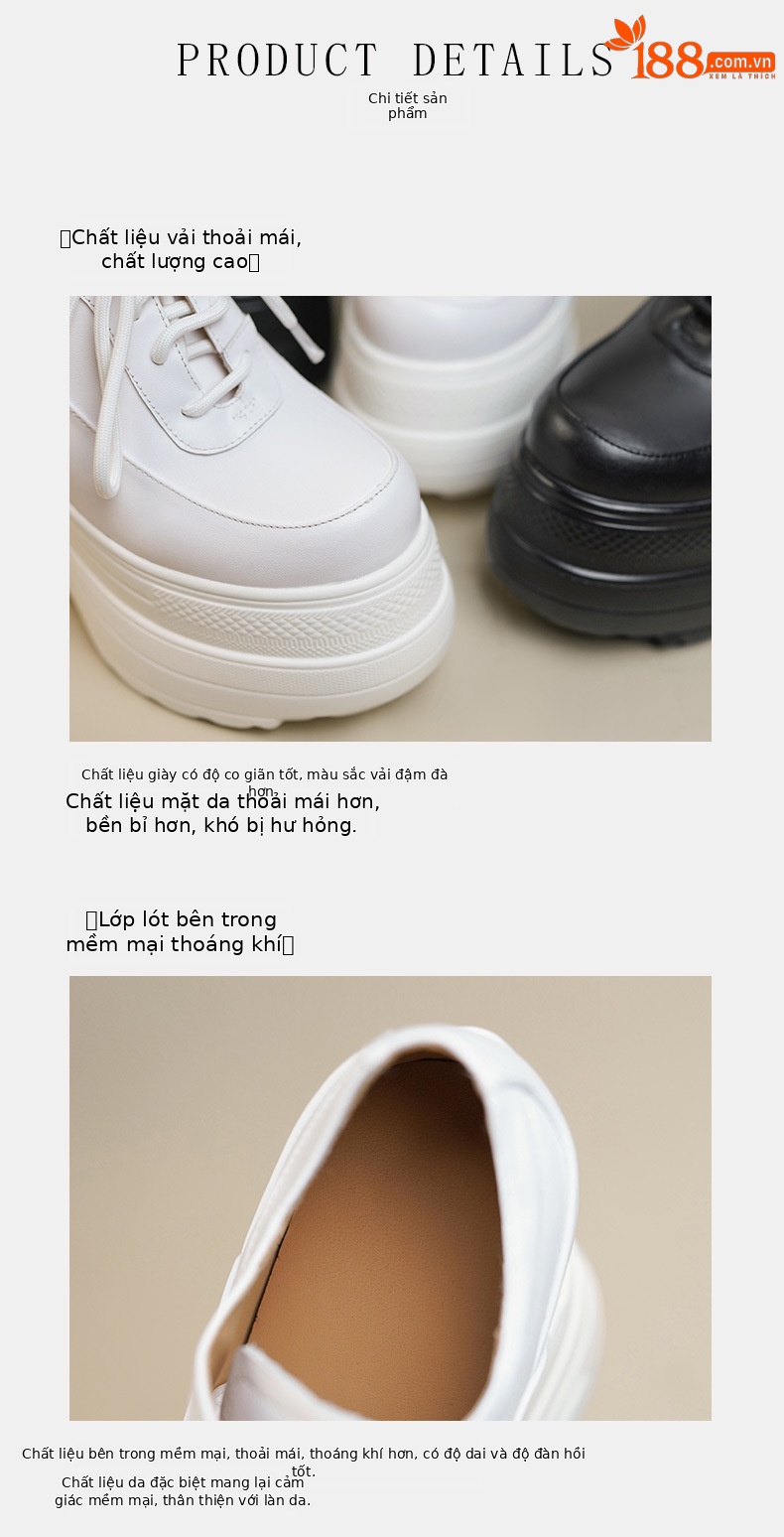 Giày sneaker nữ chunky đế dày da bò tăng chiều cao phong cách thể thao — Màu đen, Màu trắng chi tiết 9