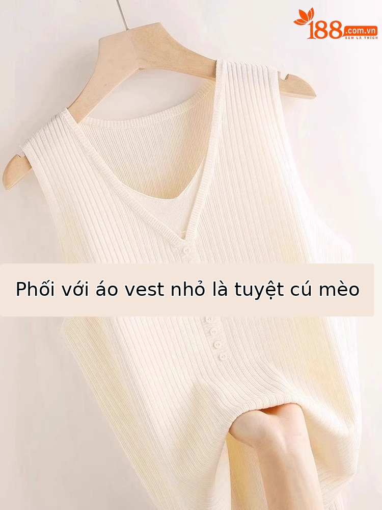 Áo hai dây dệt kim giả hai mảnh lụa băng nữ, mặc trong áo sơ mi hoặc blazer, không tay — Màu đen chi tiết 2