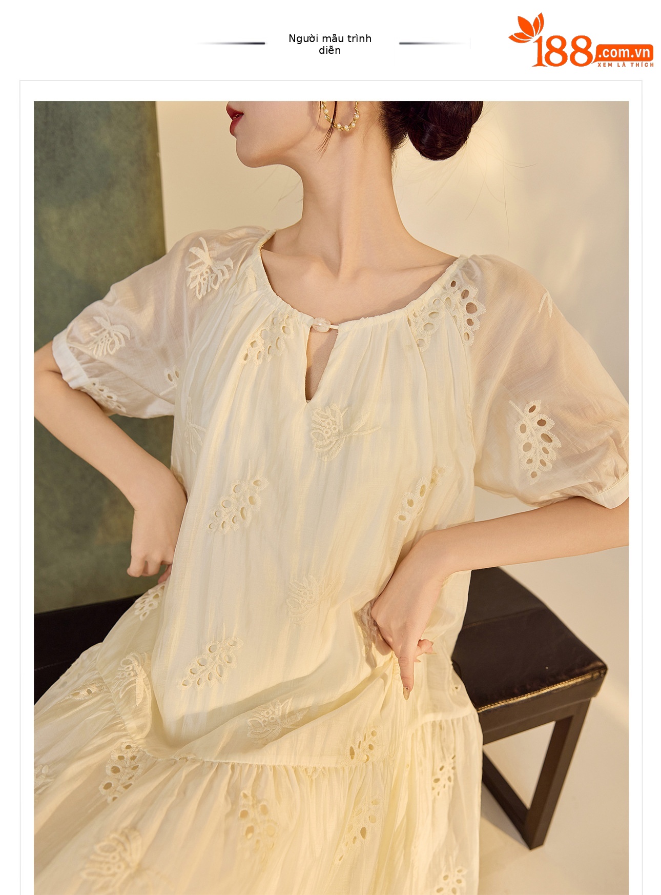 Váy suông midi Tencel phong cách Trung Quốc mới tay ngắn cổ tròn — Màu trắng be chi tiết 1