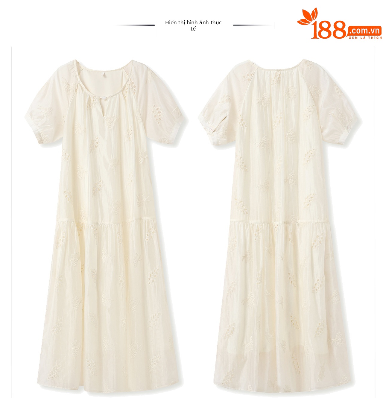 Váy suông midi Tencel phong cách Trung Quốc mới tay ngắn cổ tròn — Màu trắng be chi tiết 17