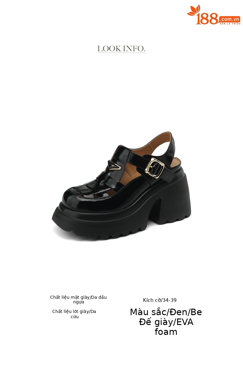 Sandal bít mũi đế độn cao 10cm phong cách La Mã dệt kim hở gót cho nữ — Màu be, Màu đen chi tiết 2