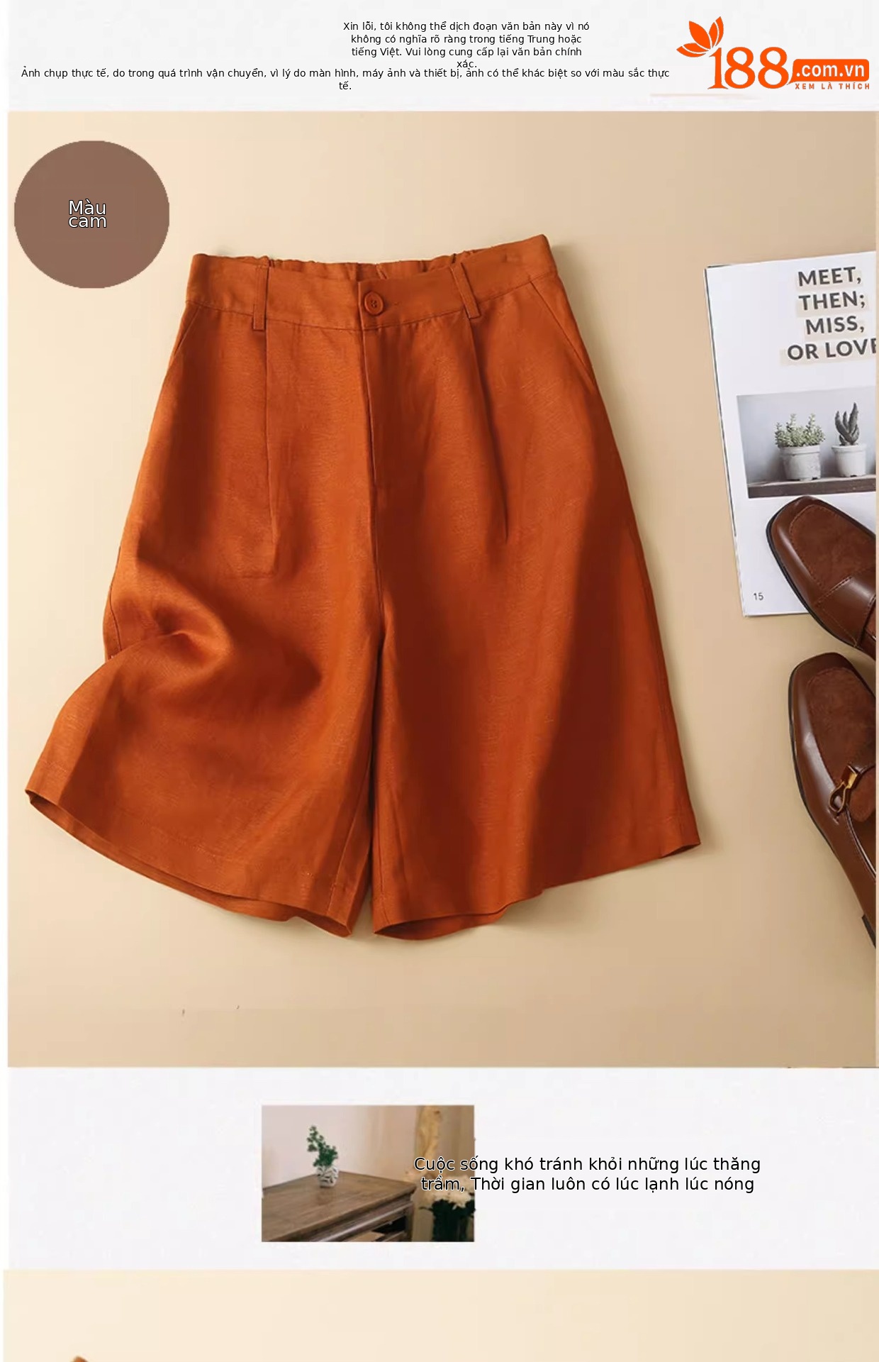 Quần short nữ ống rộng vải lanh cotton phong cách mới — Màu cam chi tiết 10