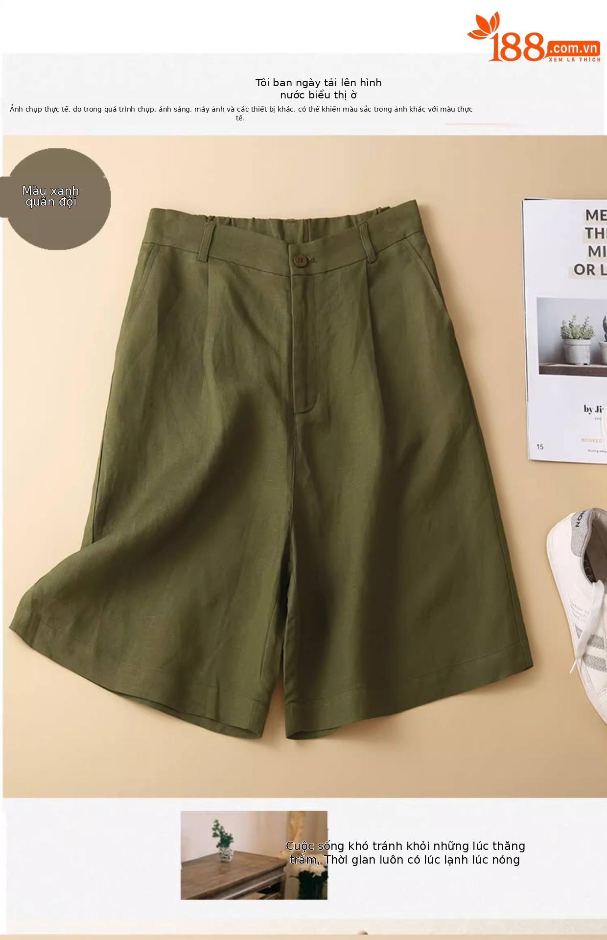 Quần short nữ ống rộng vải lanh cotton phong cách mới — Màu cam chi tiết 16