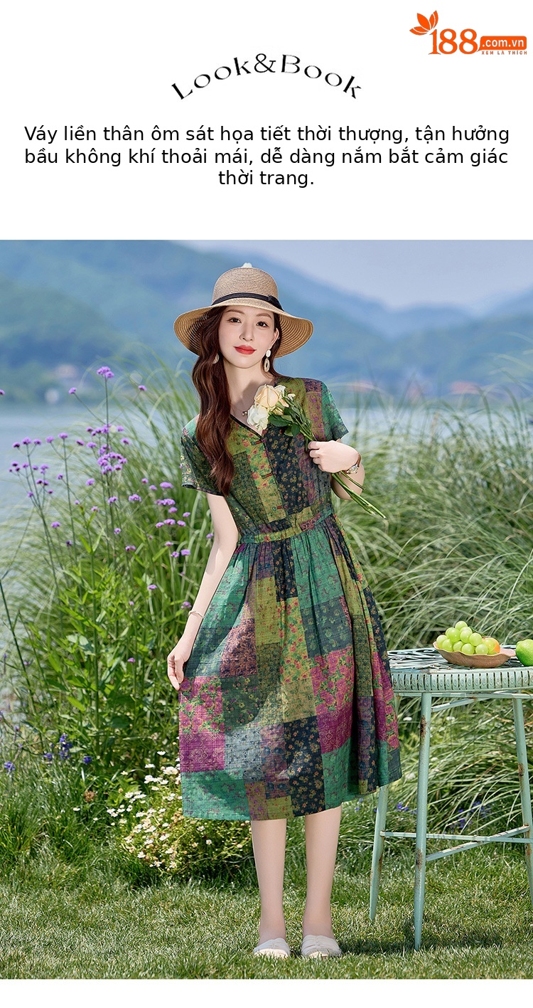 Váy ôm body dáng dài cổ chữ V in họa tiết xu hướng NI310 — Màu như hình chi tiết 4