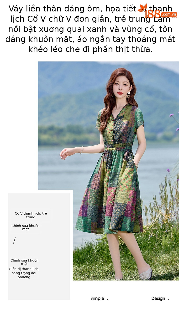 Váy ôm body dáng dài cổ chữ V in họa tiết xu hướng NI310 — Màu như hình chi tiết 7
