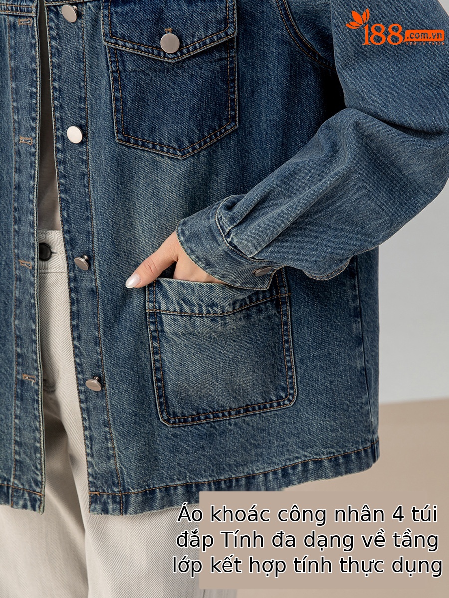 Áo khoác denim nữ phong cách Mỹ retro, nhiều túi, cổ bẻ dáng rộng — màu xanh