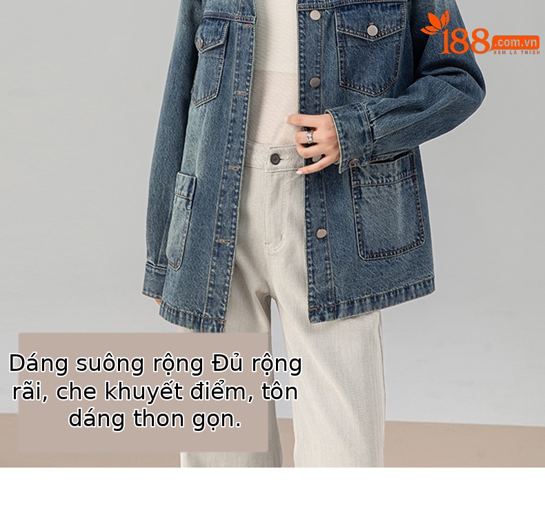 Áo khoác denim nữ phong cách Mỹ retro, nhiều túi, cổ bẻ dáng rộng — màu xanh chi tiết 8