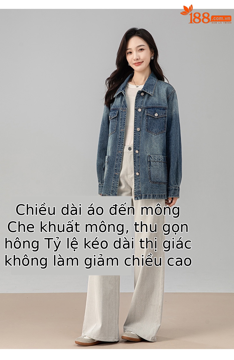Áo khoác denim nữ phong cách Mỹ retro, nhiều túi, cổ bẻ dáng rộng — màu xanh chi tiết 9