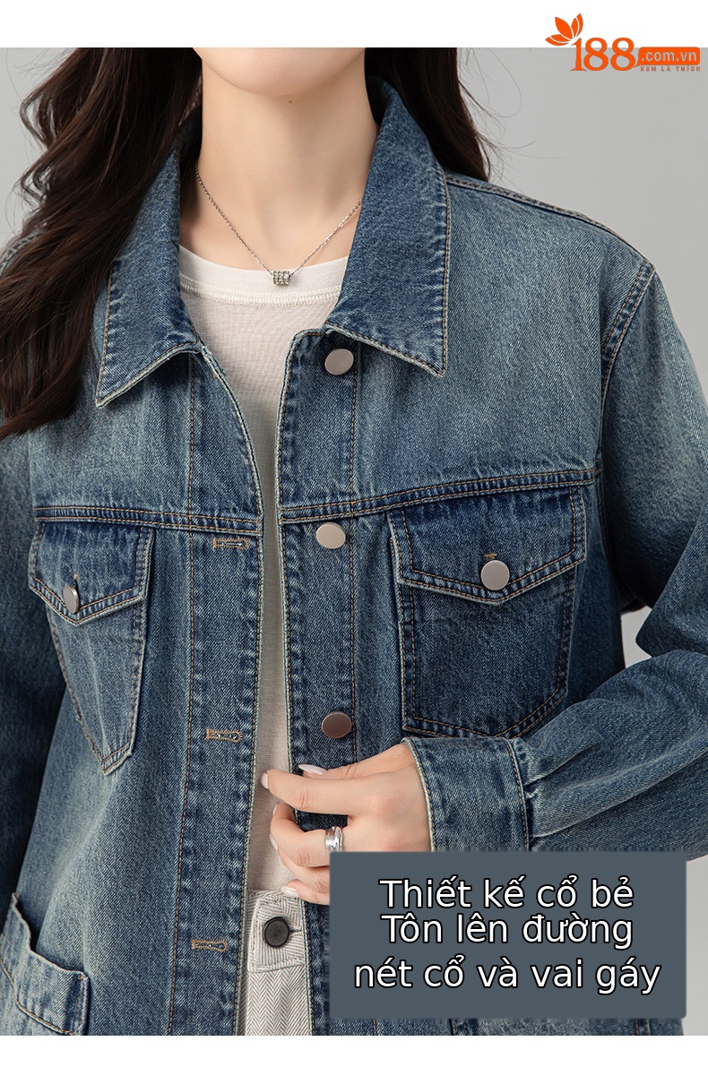 Áo khoác denim nữ phong cách Mỹ retro, nhiều túi, cổ bẻ dáng rộng — màu xanh chi tiết 10