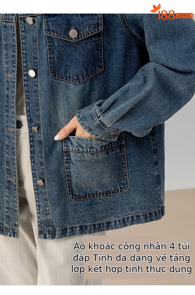 Áo khoác denim nữ phong cách Mỹ retro, nhiều túi, cổ bẻ dáng rộng — màu xanh chi tiết 11