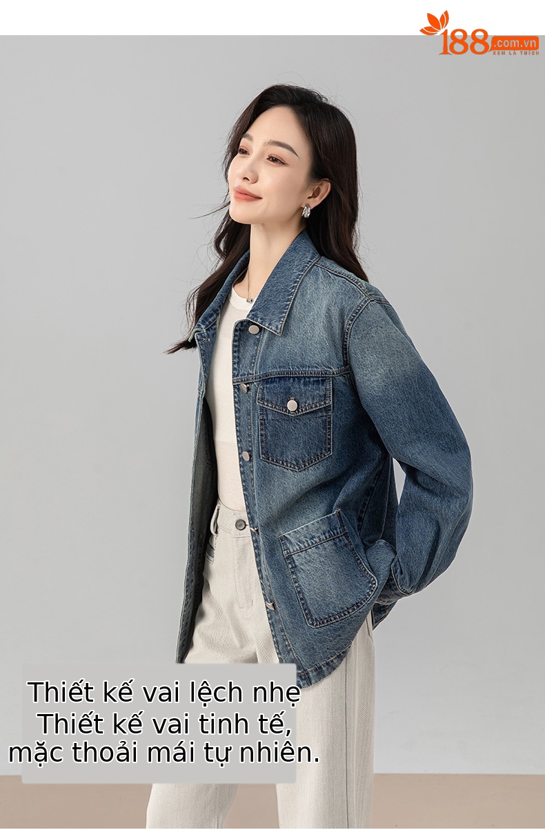 Áo khoác denim nữ phong cách Mỹ retro, nhiều túi, cổ bẻ dáng rộng — màu xanh chi tiết 12