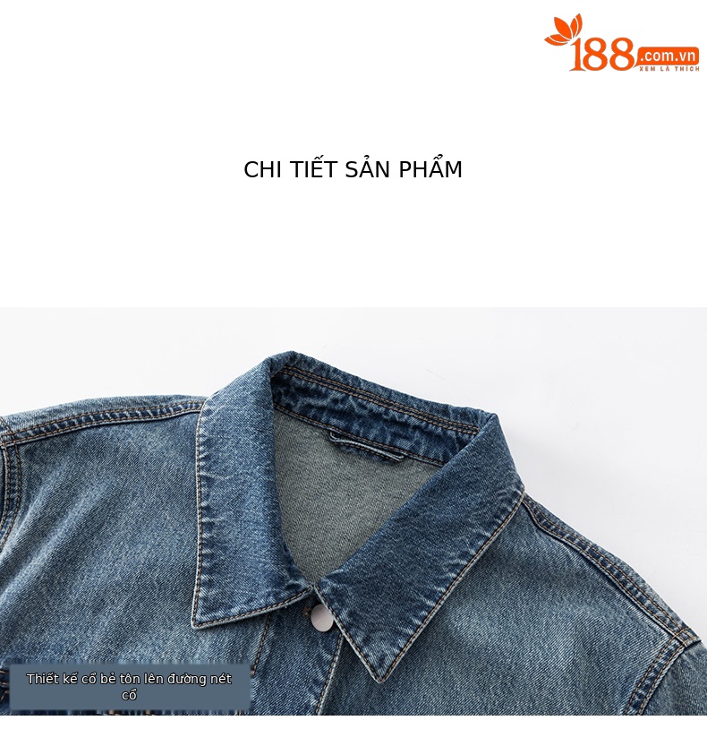 Áo khoác denim nữ phong cách Mỹ retro, nhiều túi, cổ bẻ dáng rộng — màu xanh chi tiết 13