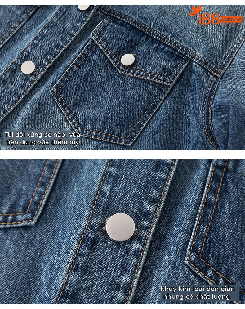 Áo khoác denim nữ phong cách Mỹ retro, nhiều túi, cổ bẻ dáng rộng — màu xanh chi tiết 14