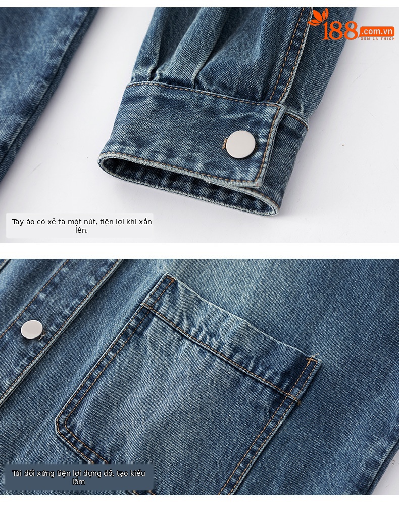 Áo khoác denim nữ phong cách Mỹ retro, nhiều túi, cổ bẻ dáng rộng — màu xanh chi tiết 15