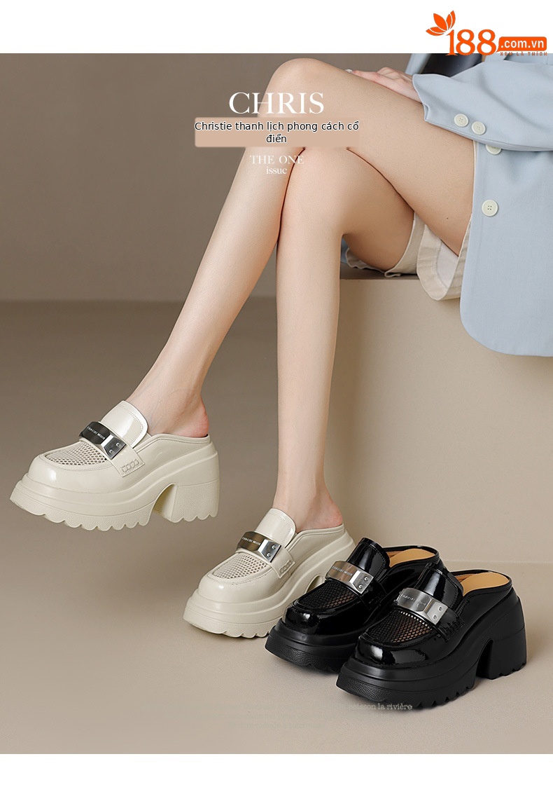 Giày mule cao gót 10 cm nữ mũi nhọn khoét lỗ lưới thoáng khí — Màu be, Màu đen chi tiết 4