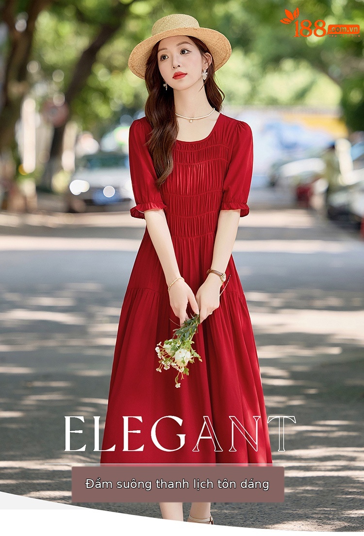 Đầm suông nữ midi che bụng eo màu trơn NI510 — Màu đen, Màu đỏ chi tiết 1