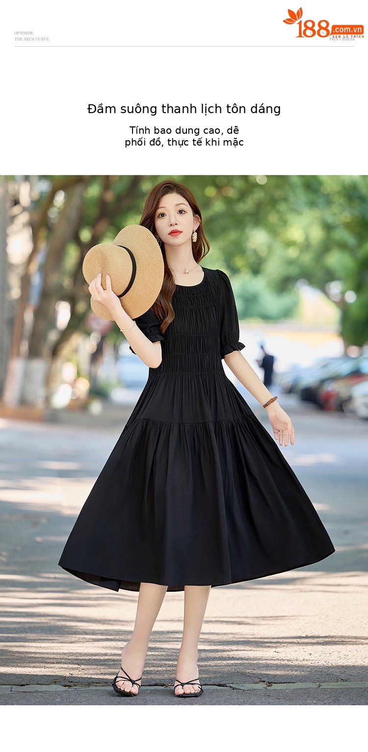 Đầm suông nữ midi che bụng eo màu trơn NI510 — Màu đen, Màu đỏ chi tiết 5