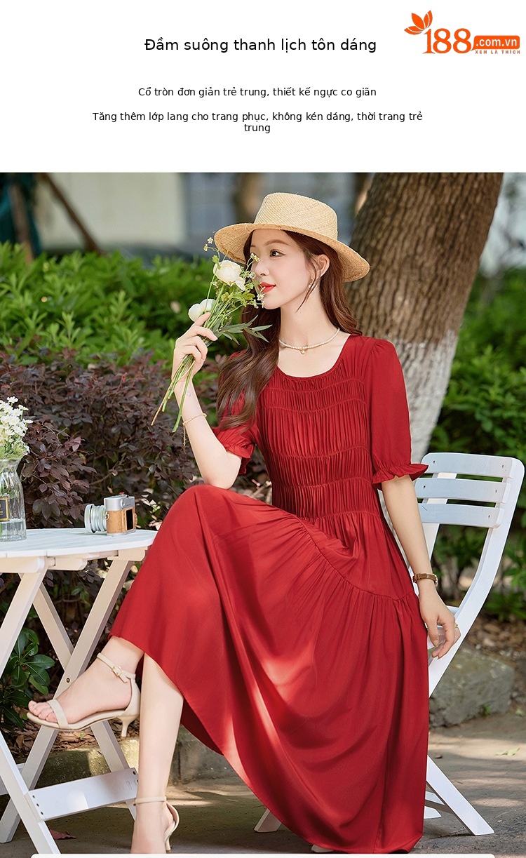 Đầm suông nữ midi che bụng eo màu trơn NI510 — Màu đen, Màu đỏ chi tiết 6