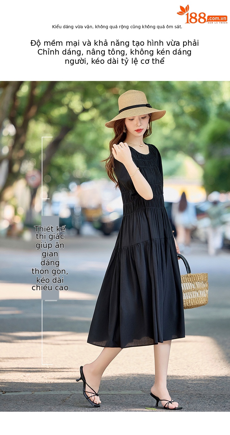 Đầm suông nữ midi che bụng eo màu trơn NI510 — Màu đen, Màu đỏ chi tiết 9