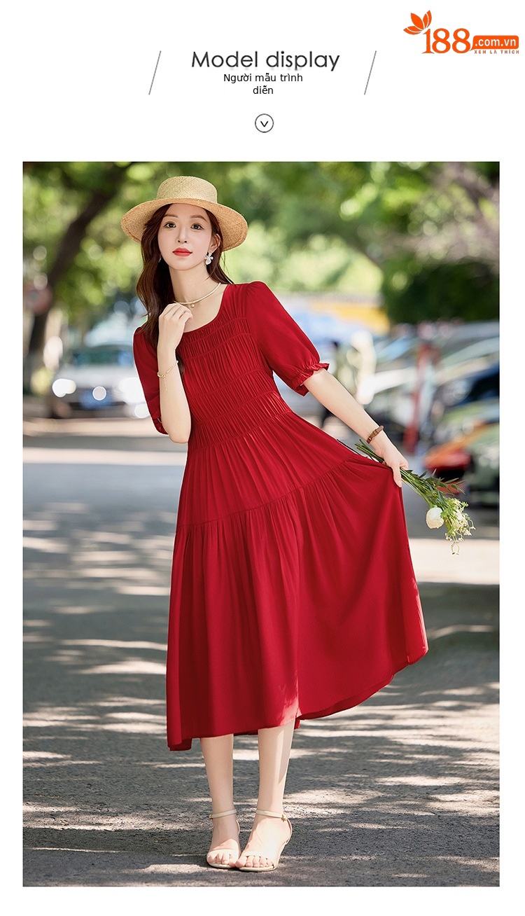 Đầm suông nữ midi che bụng eo màu trơn NI510 — Màu đen, Màu đỏ chi tiết 12