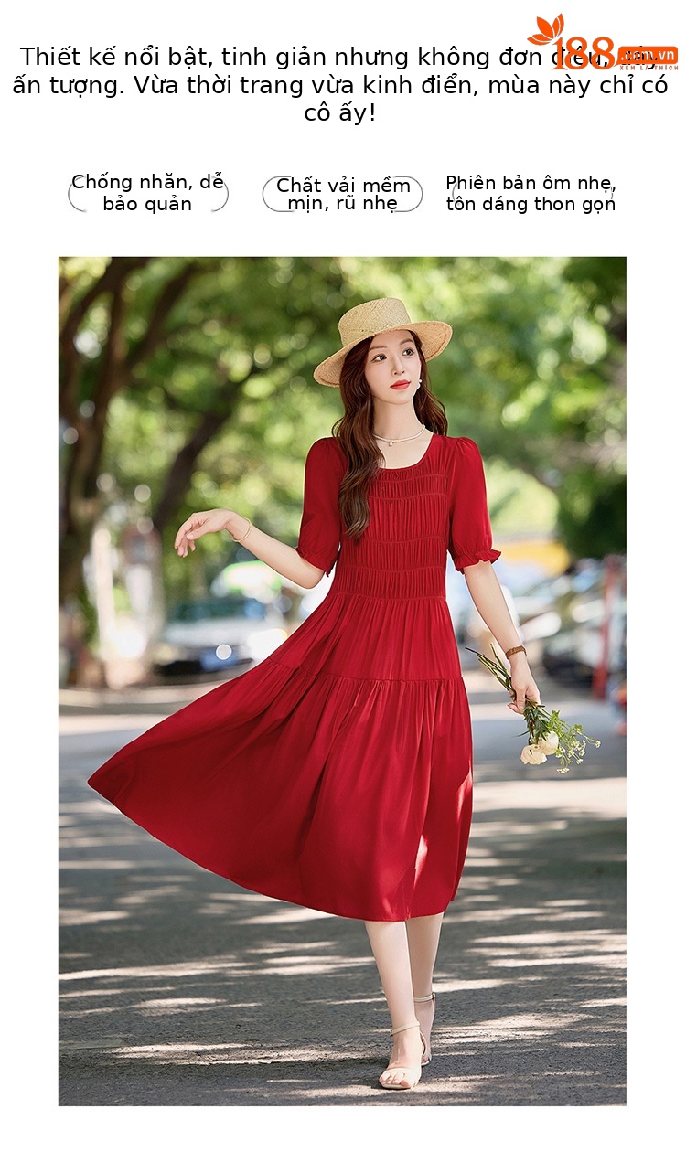 Đầm suông nữ midi che bụng eo màu trơn NI510 — Màu đen, Màu đỏ chi tiết 3