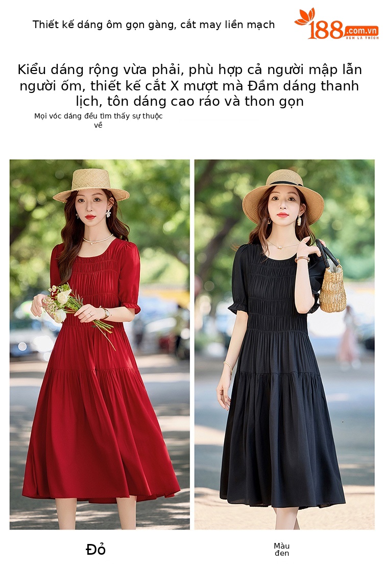 Đầm suông nữ midi che bụng eo màu trơn NI510 — Màu đen, Màu đỏ chi tiết 4