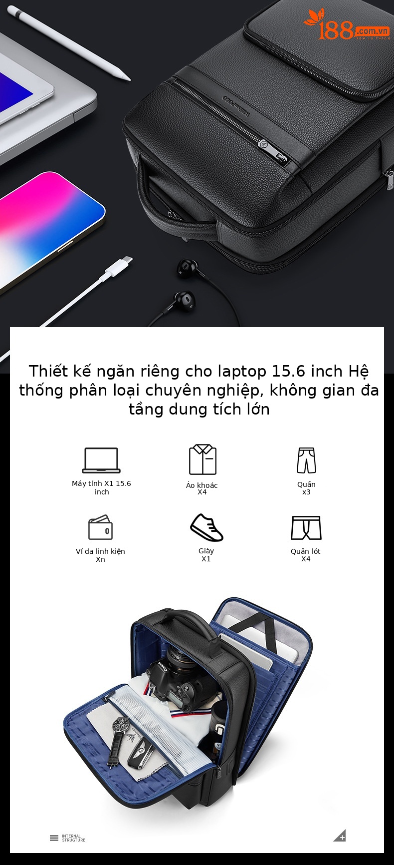 Balo nam da bò thật cao cấp phong cách công sở, sức chứa lớn, chống nước chi tiết 4