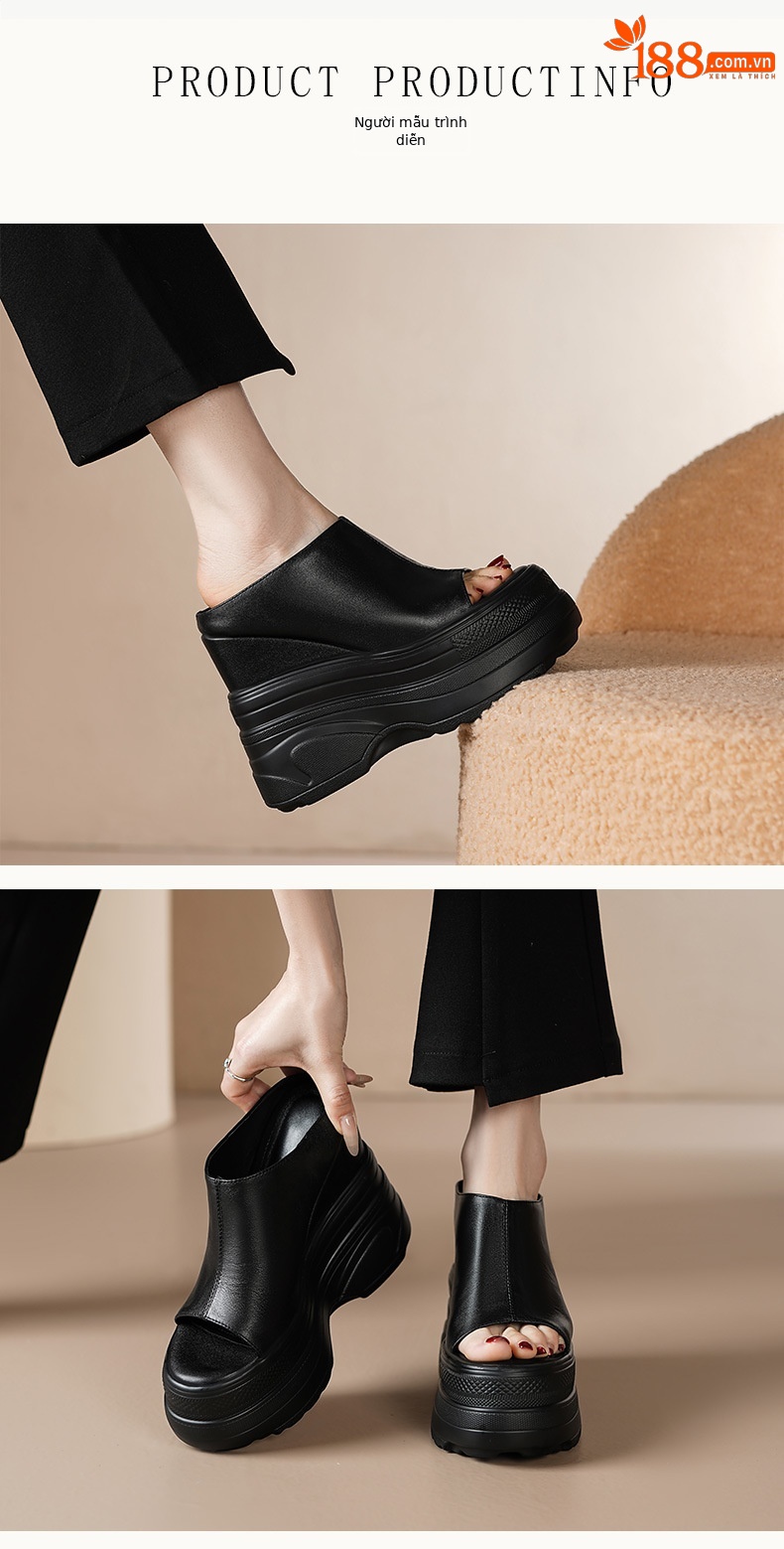 Dép sandal cao gót nữ hở mũi đế xuồng 15 cm da thật — Màu đen, Màu trắng, Màu mơ chi tiết 2