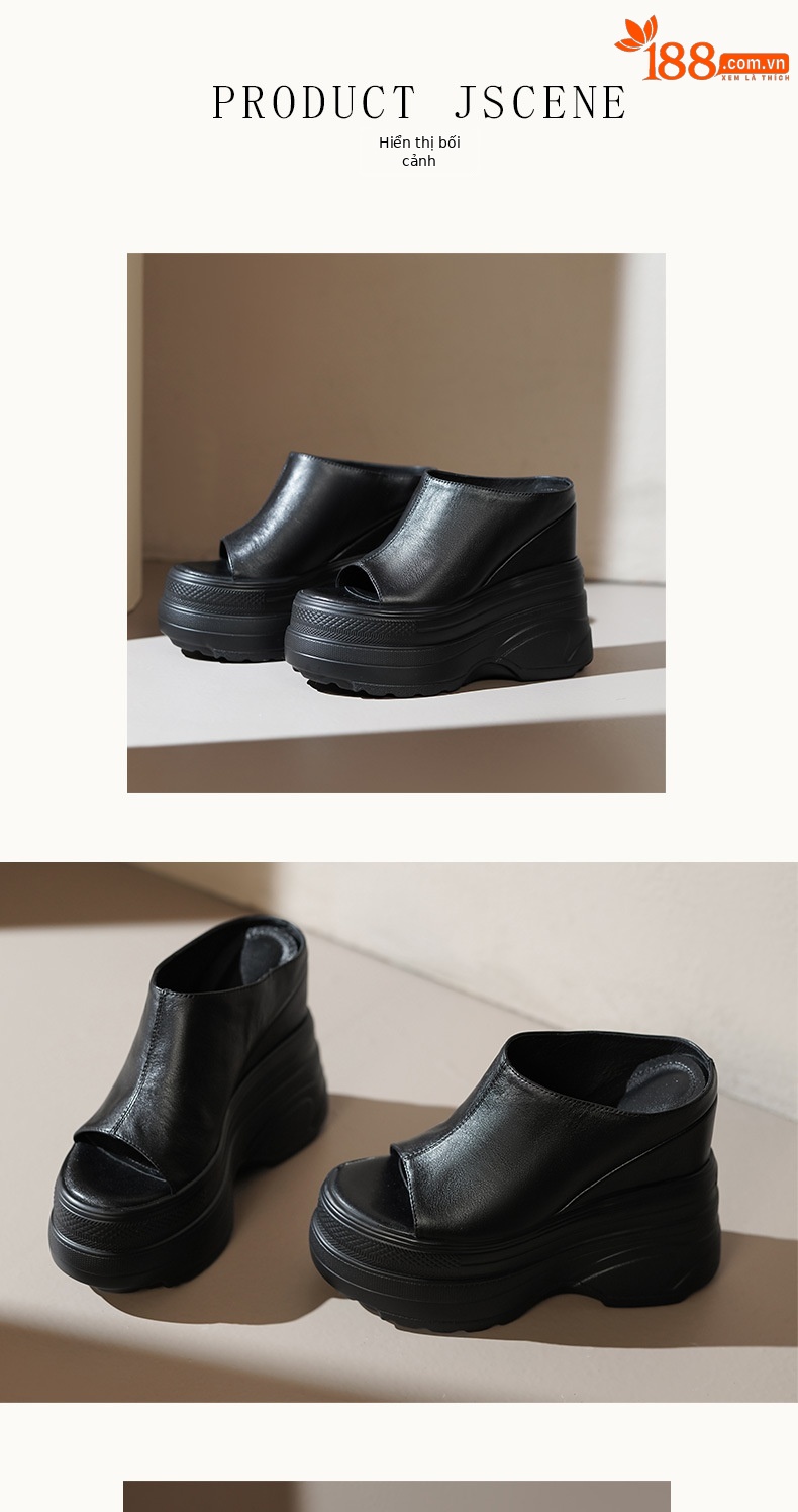 Dép sandal cao gót nữ hở mũi đế xuồng 15 cm da thật — Màu đen, Màu trắng, Màu mơ chi tiết 5