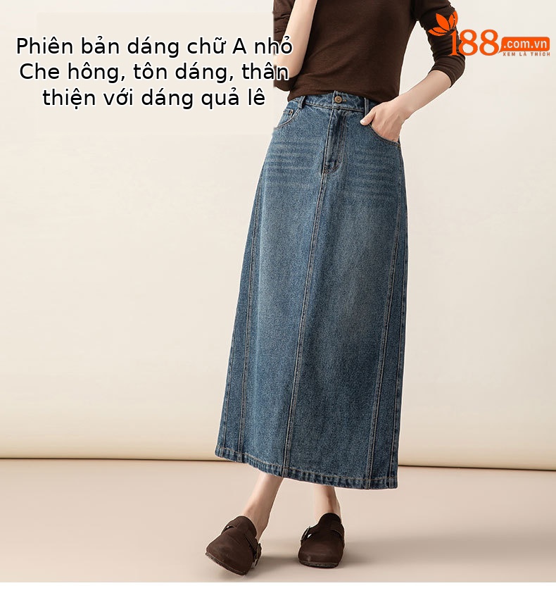 Chân váy denim Lyocell nữ cạp cao dáng A xẻ tà dài trung bình — màu xanh chi tiết 9