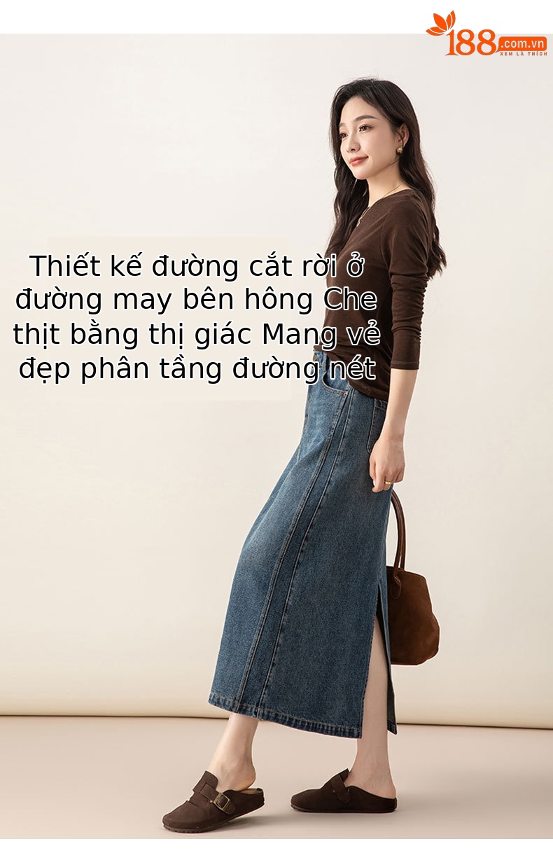 Chân váy denim Lyocell nữ cạp cao dáng A xẻ tà dài trung bình — màu xanh chi tiết 10