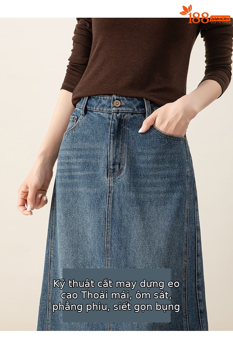 Chân váy denim Lyocell nữ cạp cao dáng A xẻ tà dài trung bình — màu xanh chi tiết 11