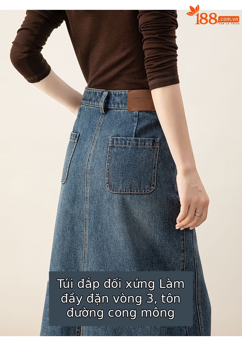 Chân váy denim Lyocell nữ cạp cao dáng A xẻ tà dài trung bình — màu xanh chi tiết 12
