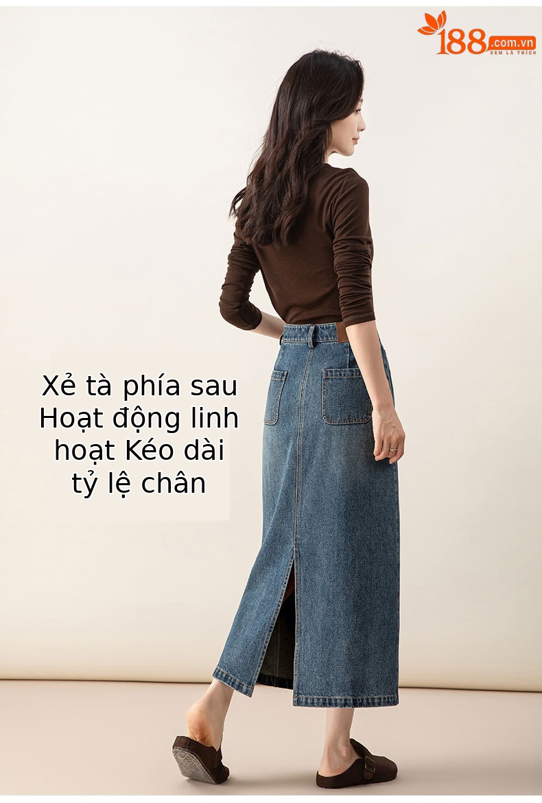 Chân váy denim Lyocell nữ cạp cao dáng A xẻ tà dài trung bình — màu xanh chi tiết 13