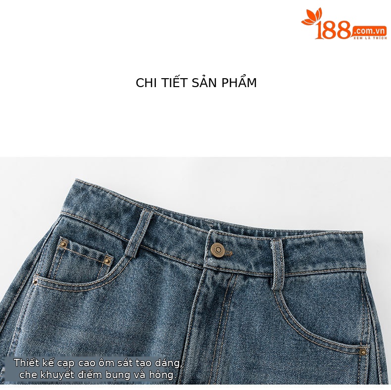 Chân váy denim Lyocell nữ cạp cao dáng A xẻ tà dài trung bình — màu xanh chi tiết 14