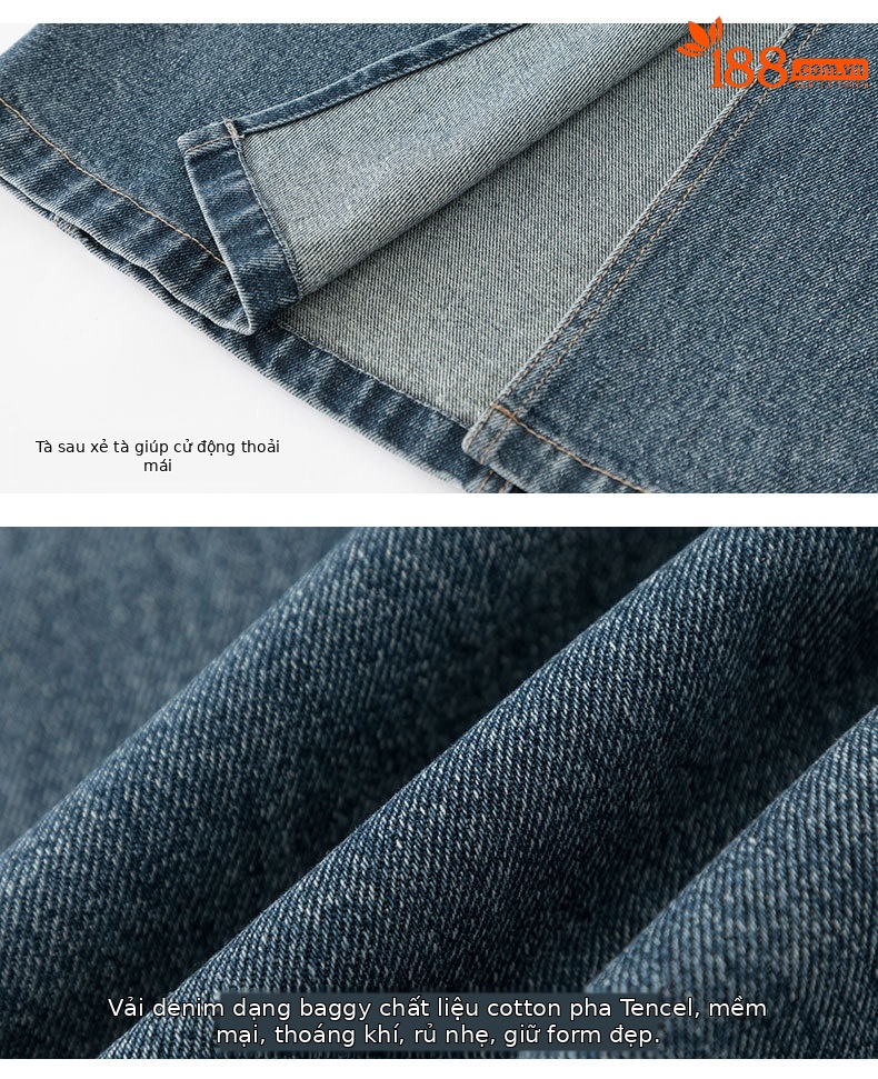 Chân váy denim Lyocell nữ cạp cao dáng A xẻ tà dài trung bình — màu xanh chi tiết 17