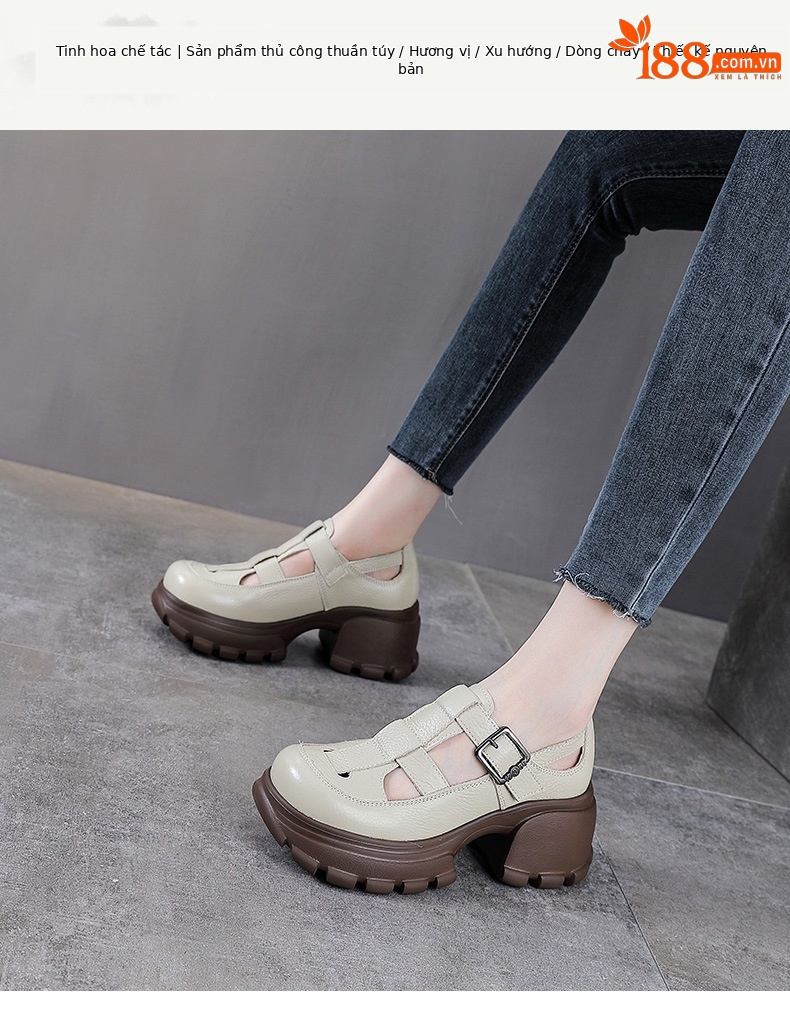 Sandal La Mã nữ da bò đế dày thoáng khí — màu nâu chi tiết 1