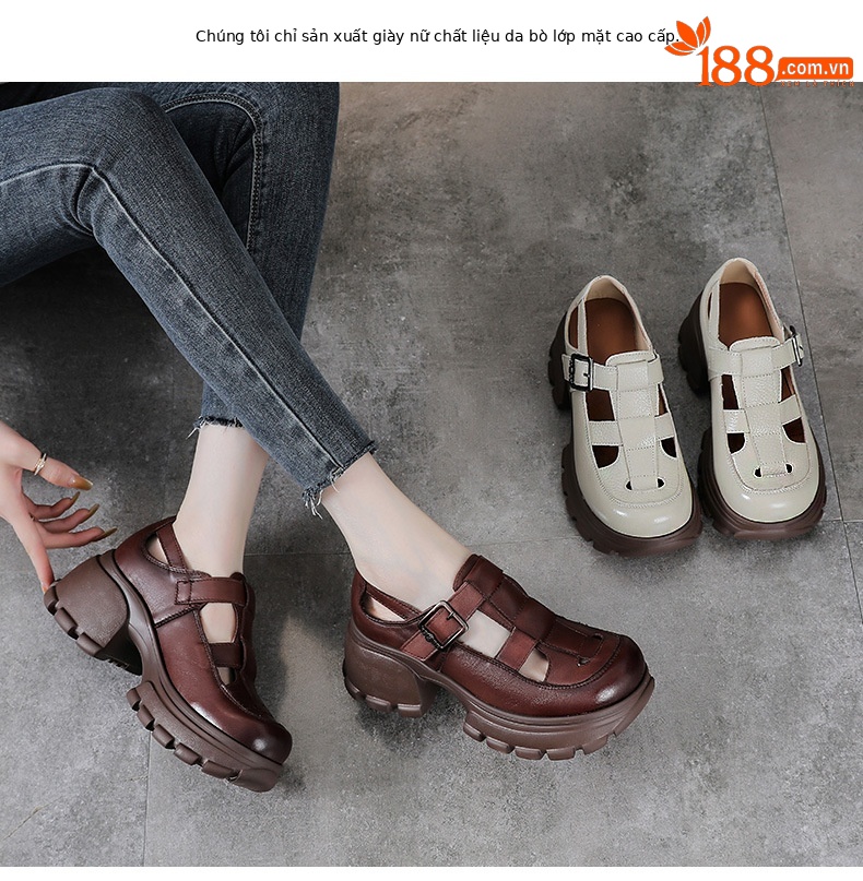 Sandal La Mã nữ da bò đế dày thoáng khí — màu nâu chi tiết 2