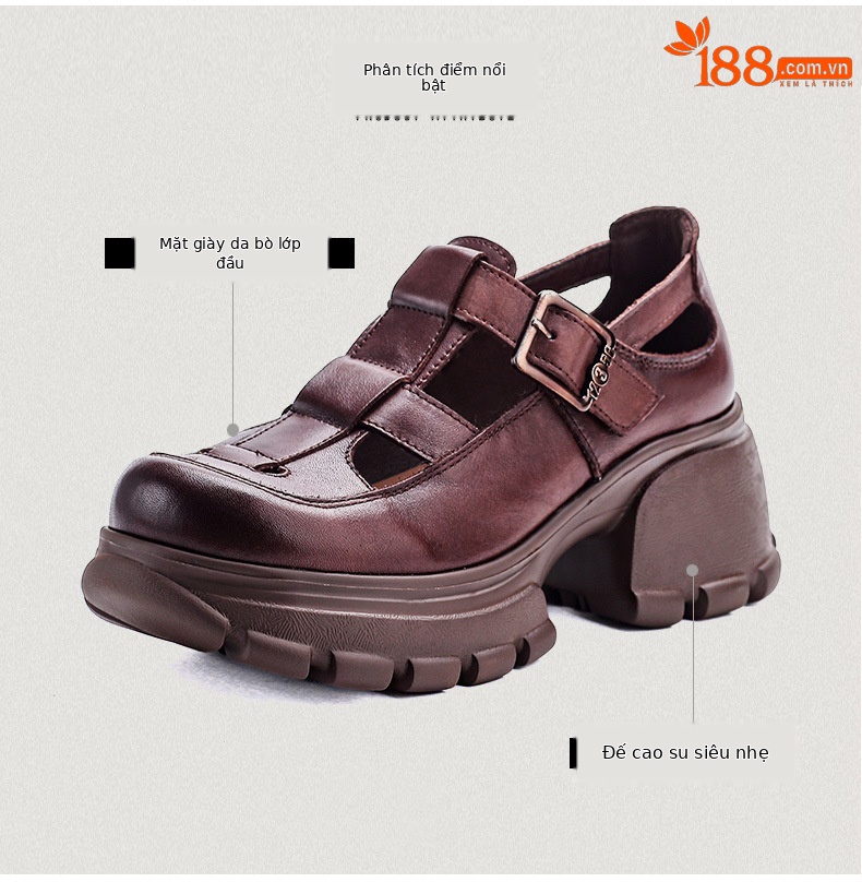 Sandal La Mã nữ da bò đế dày thoáng khí — màu nâu chi tiết 3