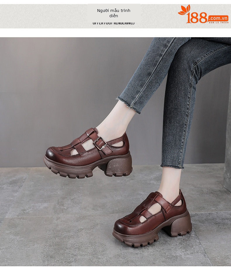 Sandal La Mã nữ da bò đế dày thoáng khí — màu nâu chi tiết 9