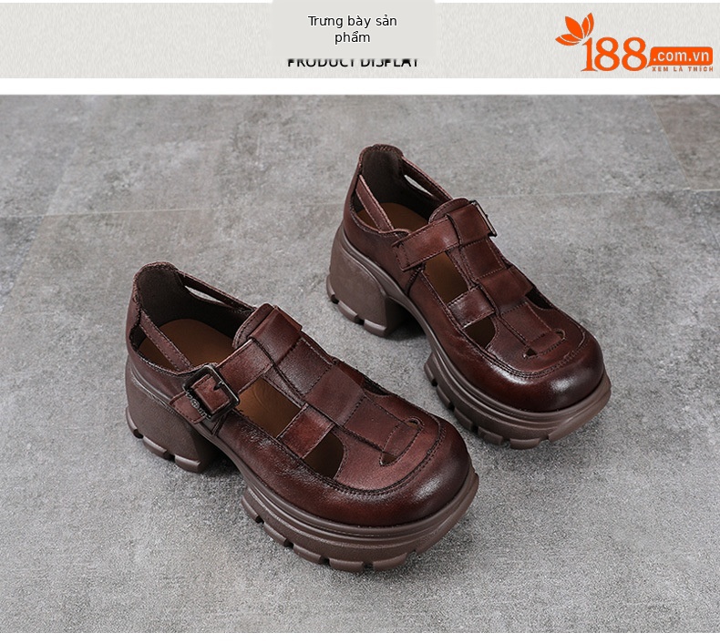 Sandal La Mã nữ da bò đế dày thoáng khí — màu nâu chi tiết 10