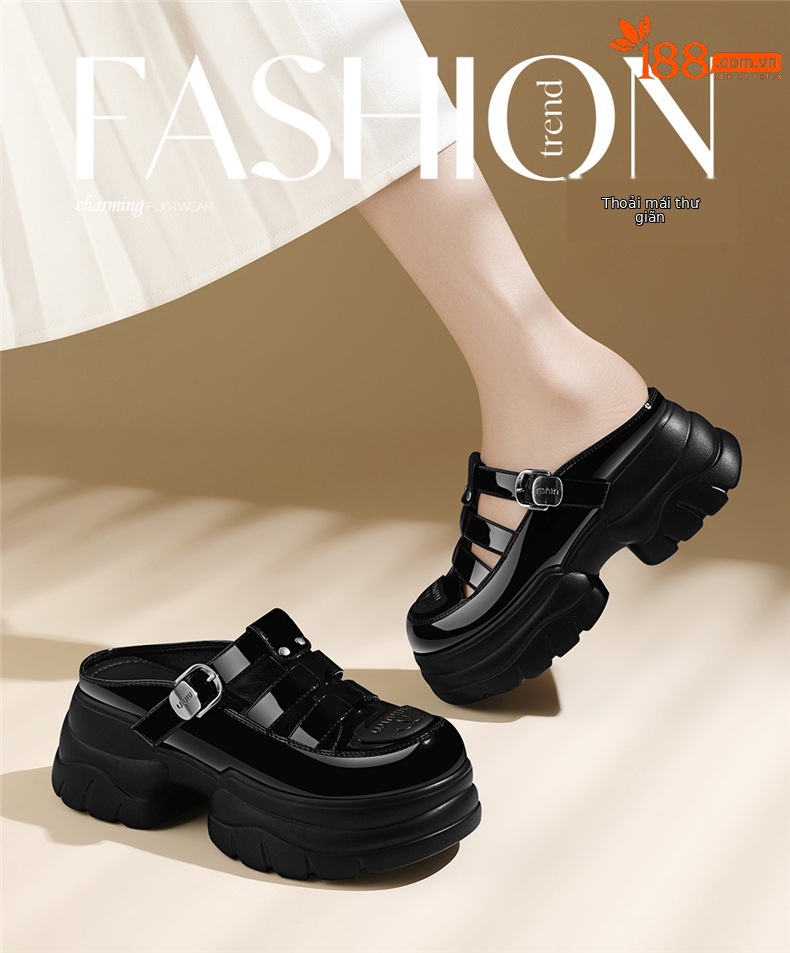Dép sandal nữ quai chữ V đế xuồng dày 5 cm, phong cách La Mã, mũi kín, kiểu lười khoét lỗ — JST 7131 màu đen, JST 7131m màu chi tiết 1